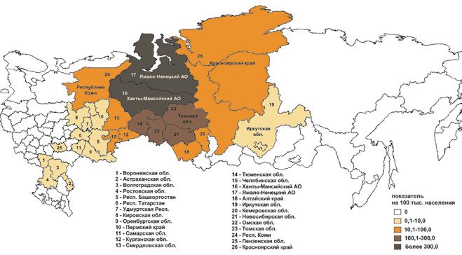 Административные территории России с местными случаями описторхоза (2010 г.)